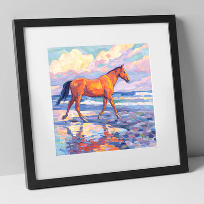 Vibrant Coastal Stroll horse landscape art print in black frame