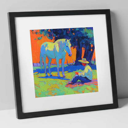 Vibrant Sunset Companion horse & rider art print in black frame