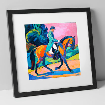 Bold Dressage Harmony dressage horse art print in black frame