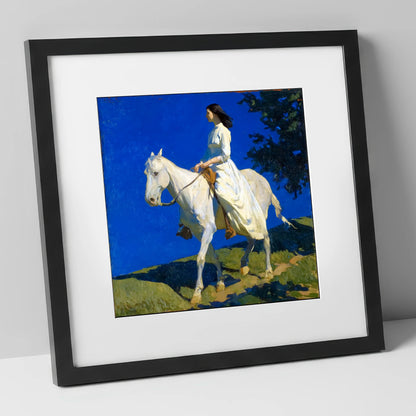 Grace Beneath Azure Skies horse & rider art print in black frame