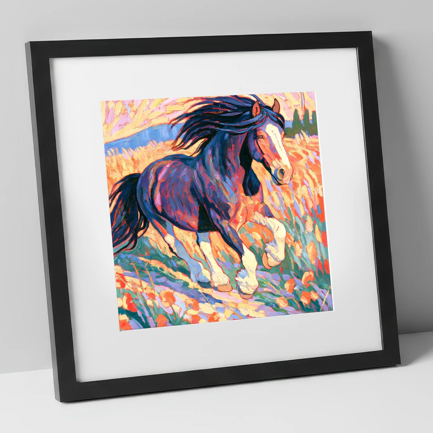 Colourful Cantering Heavy Horse horse breed art print in black frame