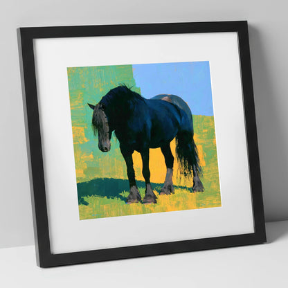 Black Horse Against Vibrant Yellow horse breed art print in black frame