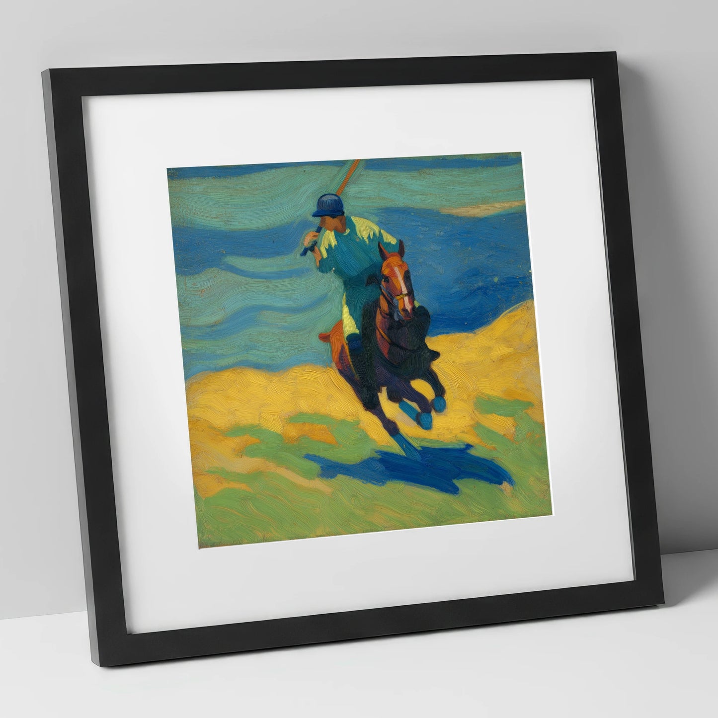Vivid Polo Strike polo horse art print in black frame
