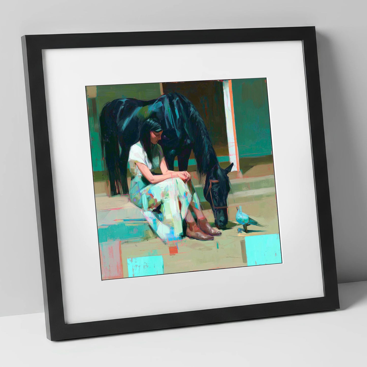 Stillness in the Yard horse & rider art print in black frame