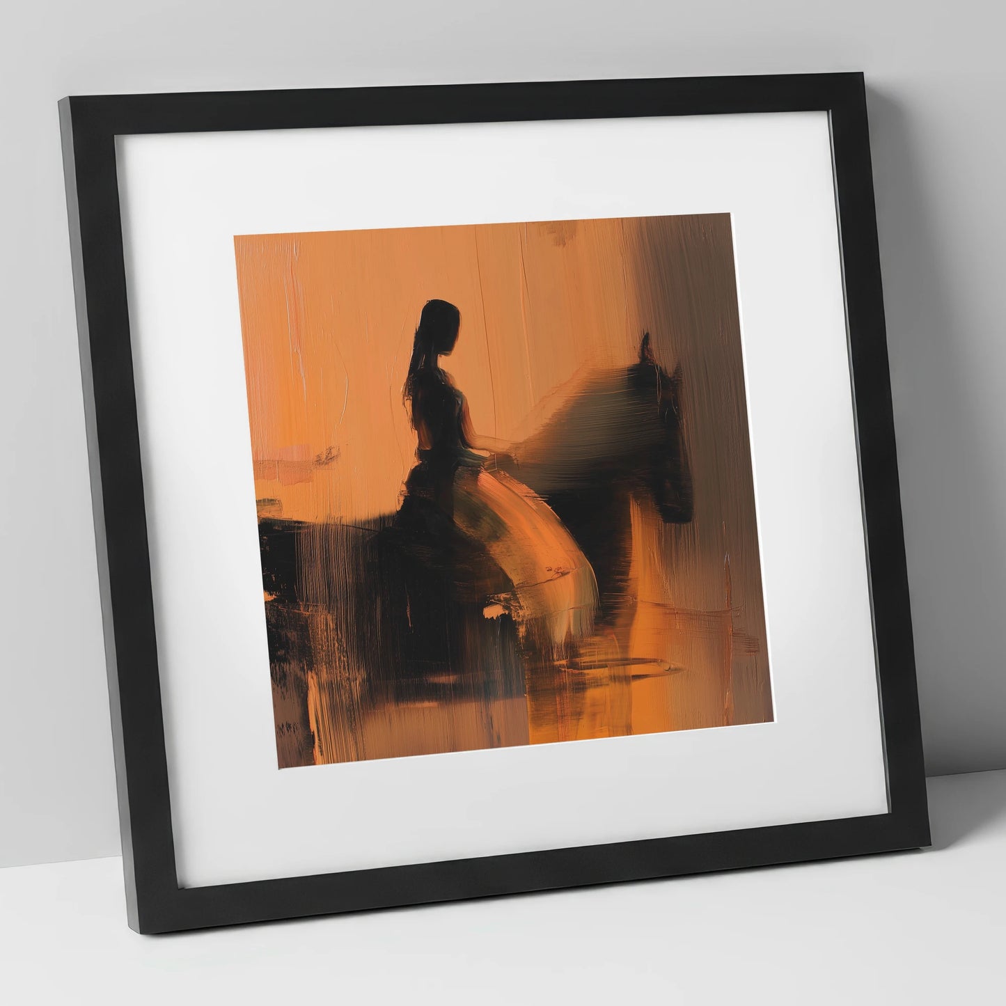 Elegance in Amber horse & rider art print in black frame