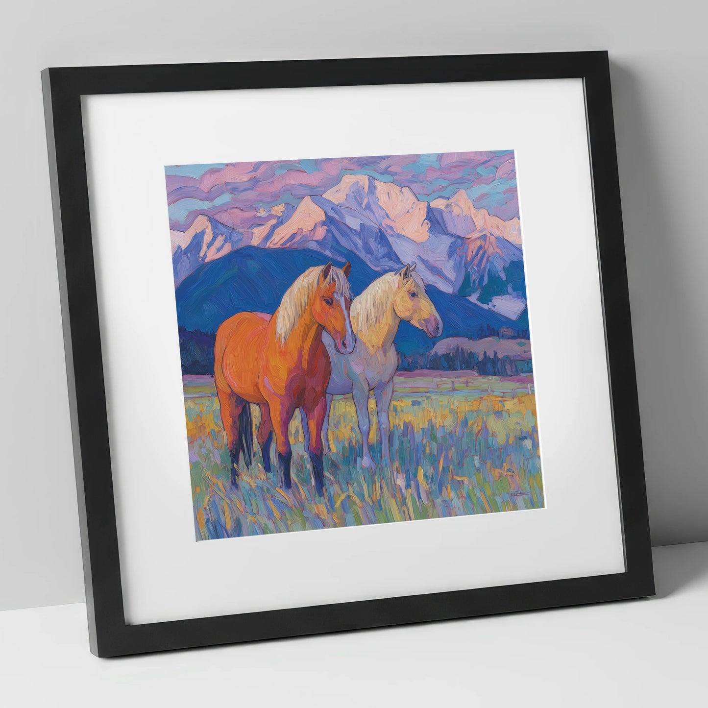 Painted Mountain Pasture horse landscape art print in black frame