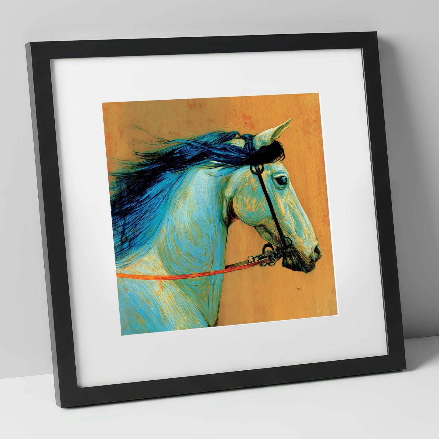 Cerulean Spirit horse portrait art print in black frame