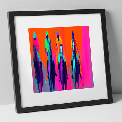 Neon Polo Charge polo horse art print in black frame