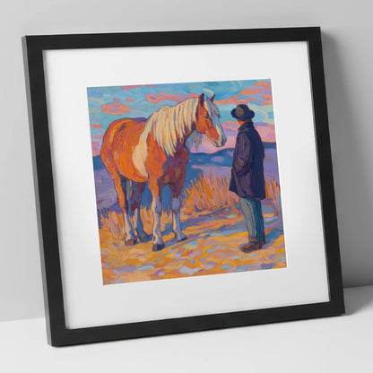 Golden Hour Harmony horse & rider art print in black frame