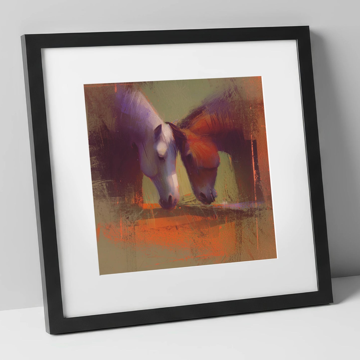Sunlit Grazing Companions horse portrait art print in black frame