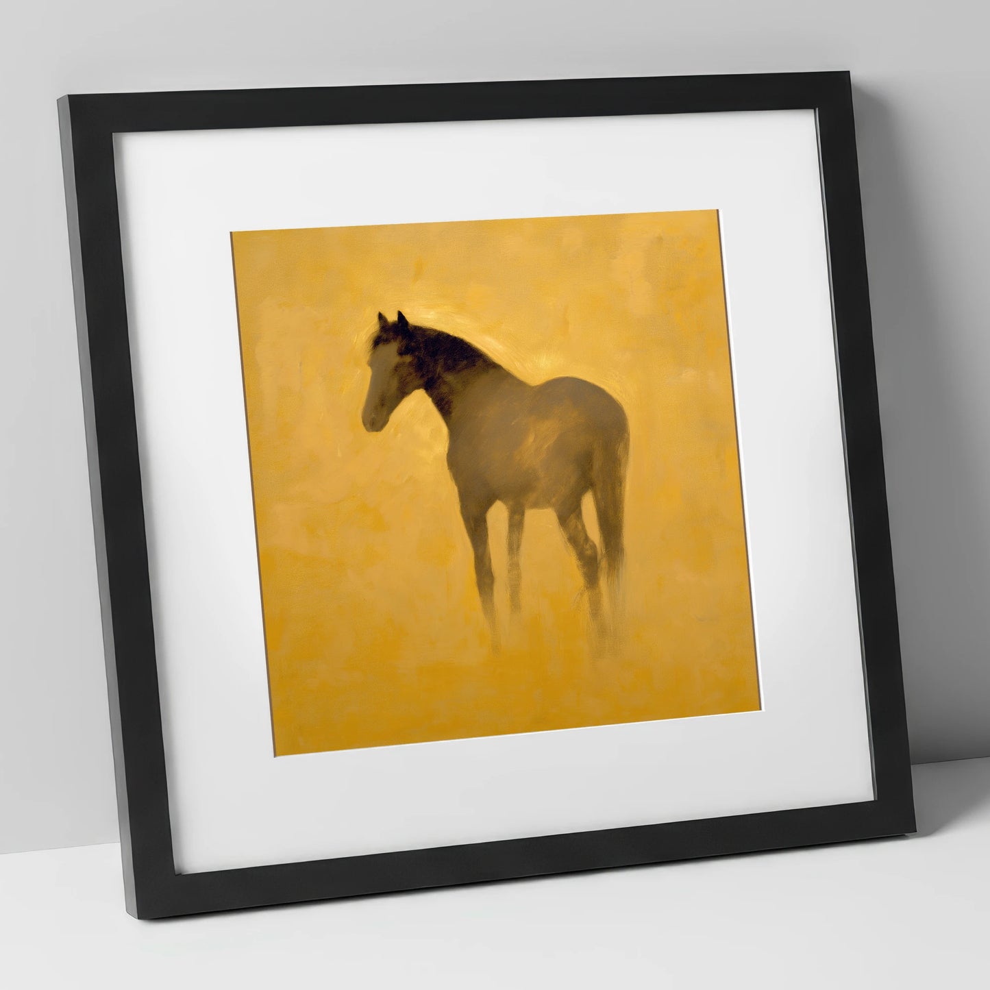 Golden Equine Silhouette horse portrait art print in black frame