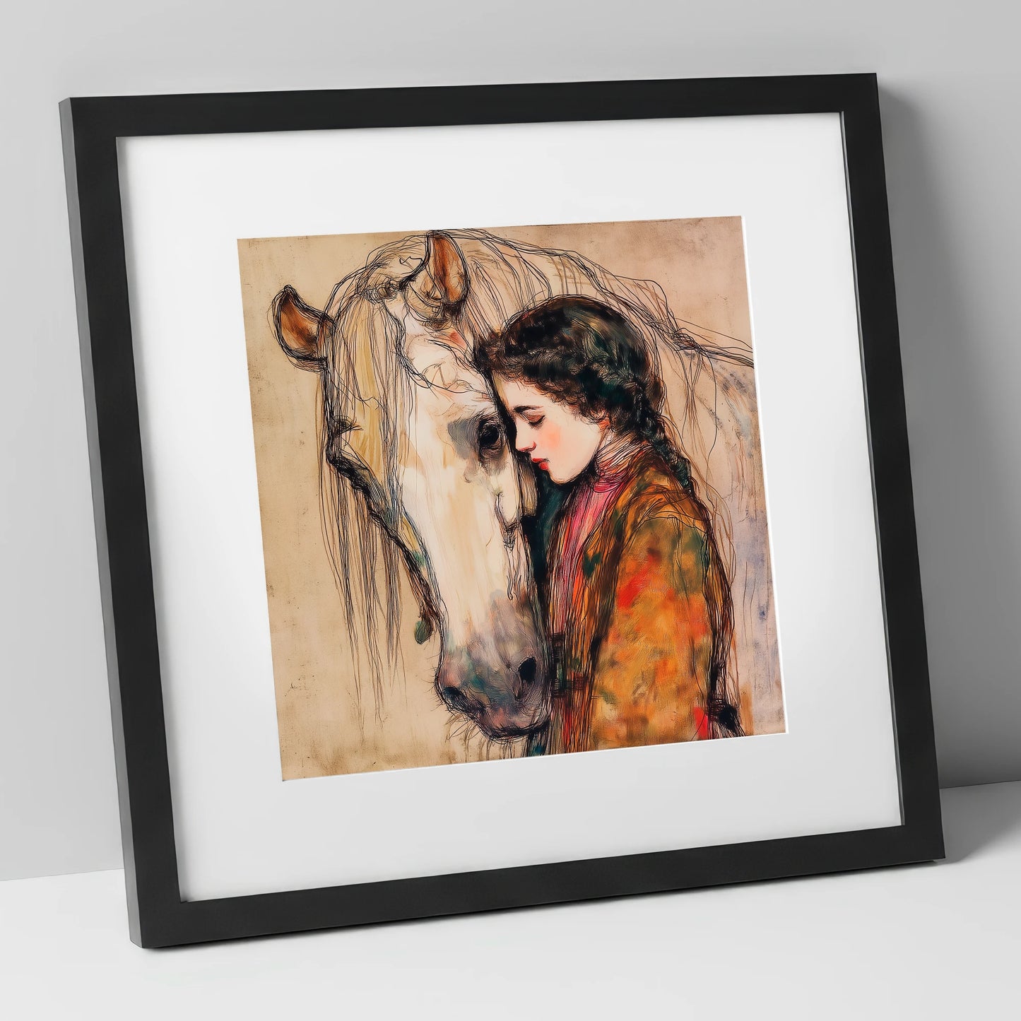 The Silent Language horse & rider art print in black frame