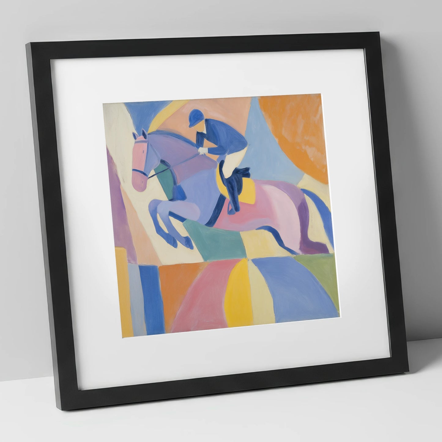 Geometric Flight show jumping horse art print in black frame