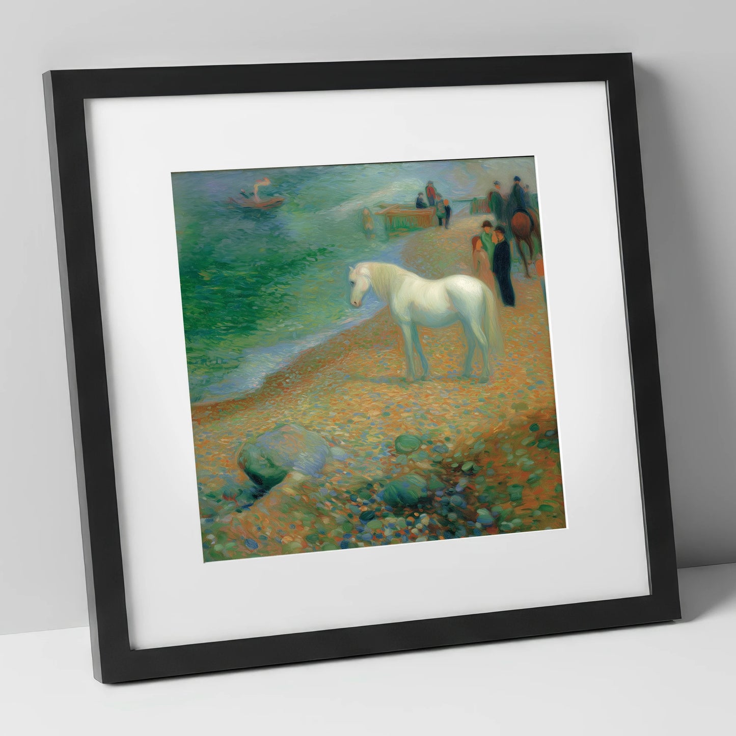 Luminous Shoreline Solitude horse landscape art print in black frame