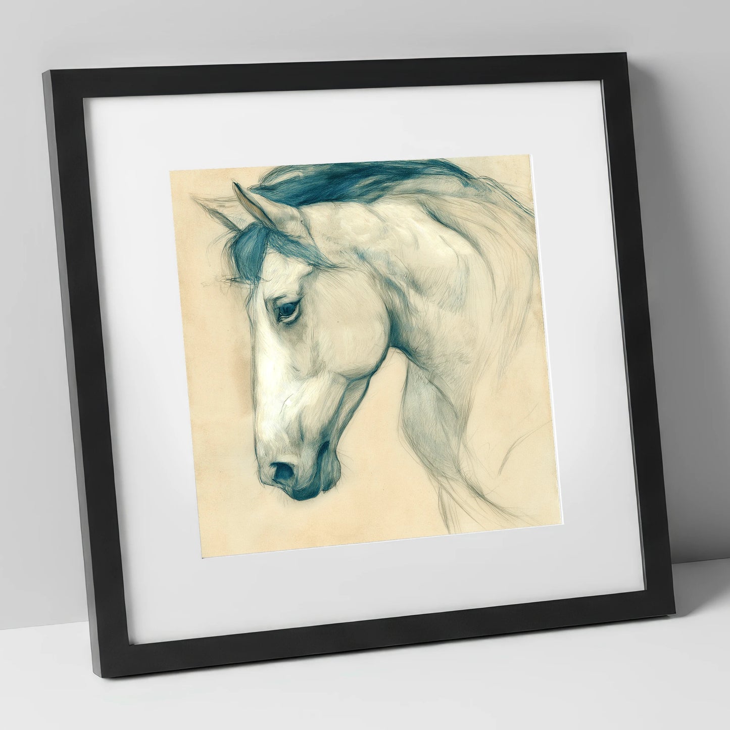 Quiet Grey Profile horse portrait art print in black frame
