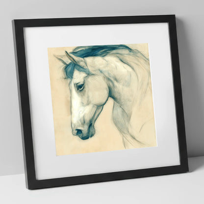 Quiet Grey Profile horse portrait art print in black frame