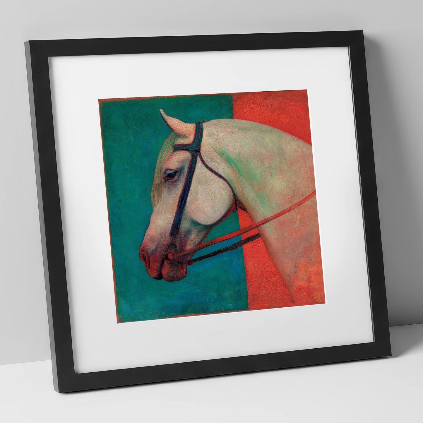 Crimson and Emerald Profile horse breed art print in black frame
