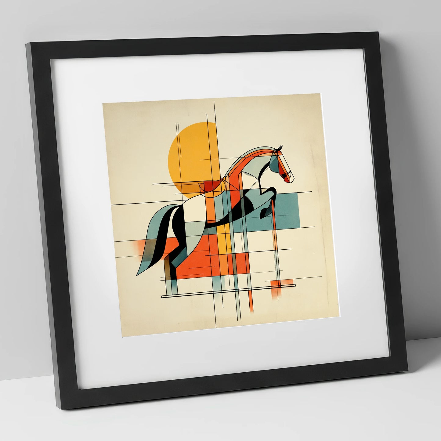 Structured Flight show jumping horse art print in black frame