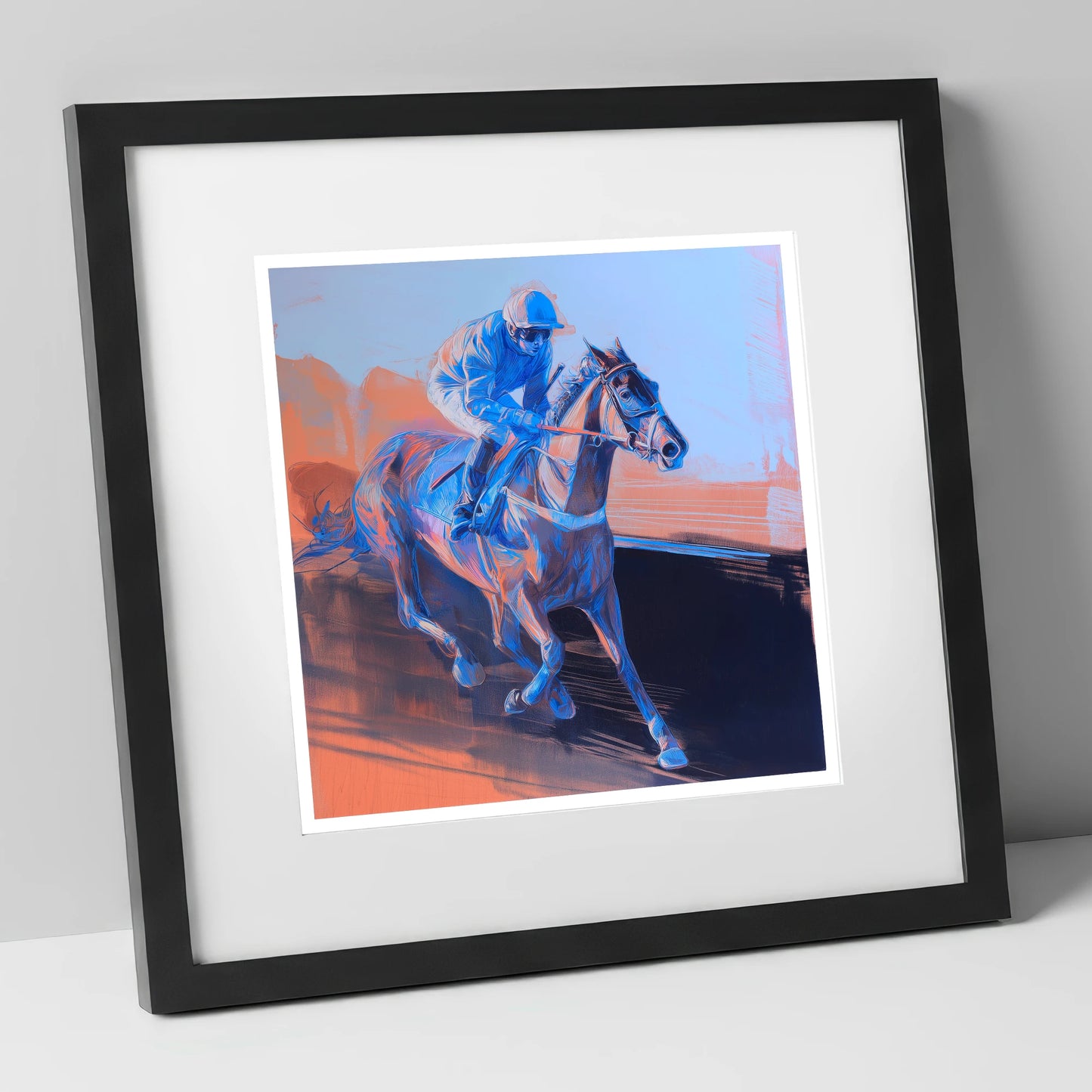 Indigo Stride racing horse art print in black frame