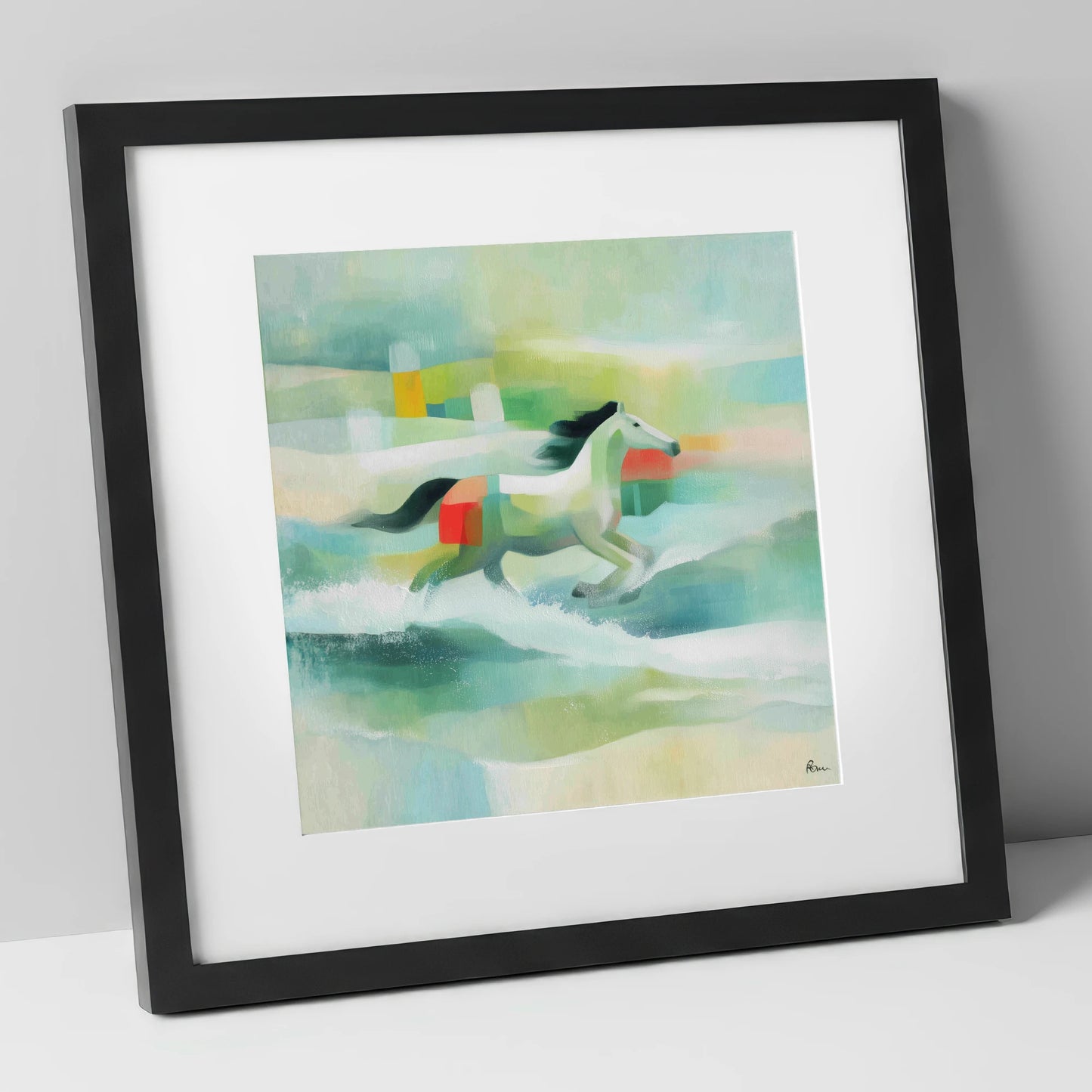 Modern Coastal Canter beach horse art print in black frame