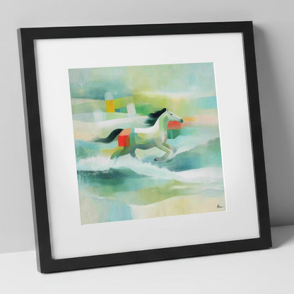 Modern Coastal Canter beach horse art print in black frame
