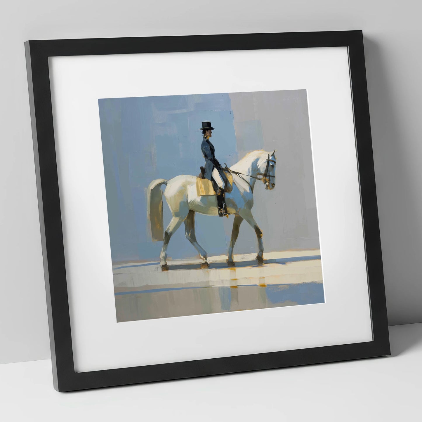 Collected Grace in Blue dressage horse art print in black frame