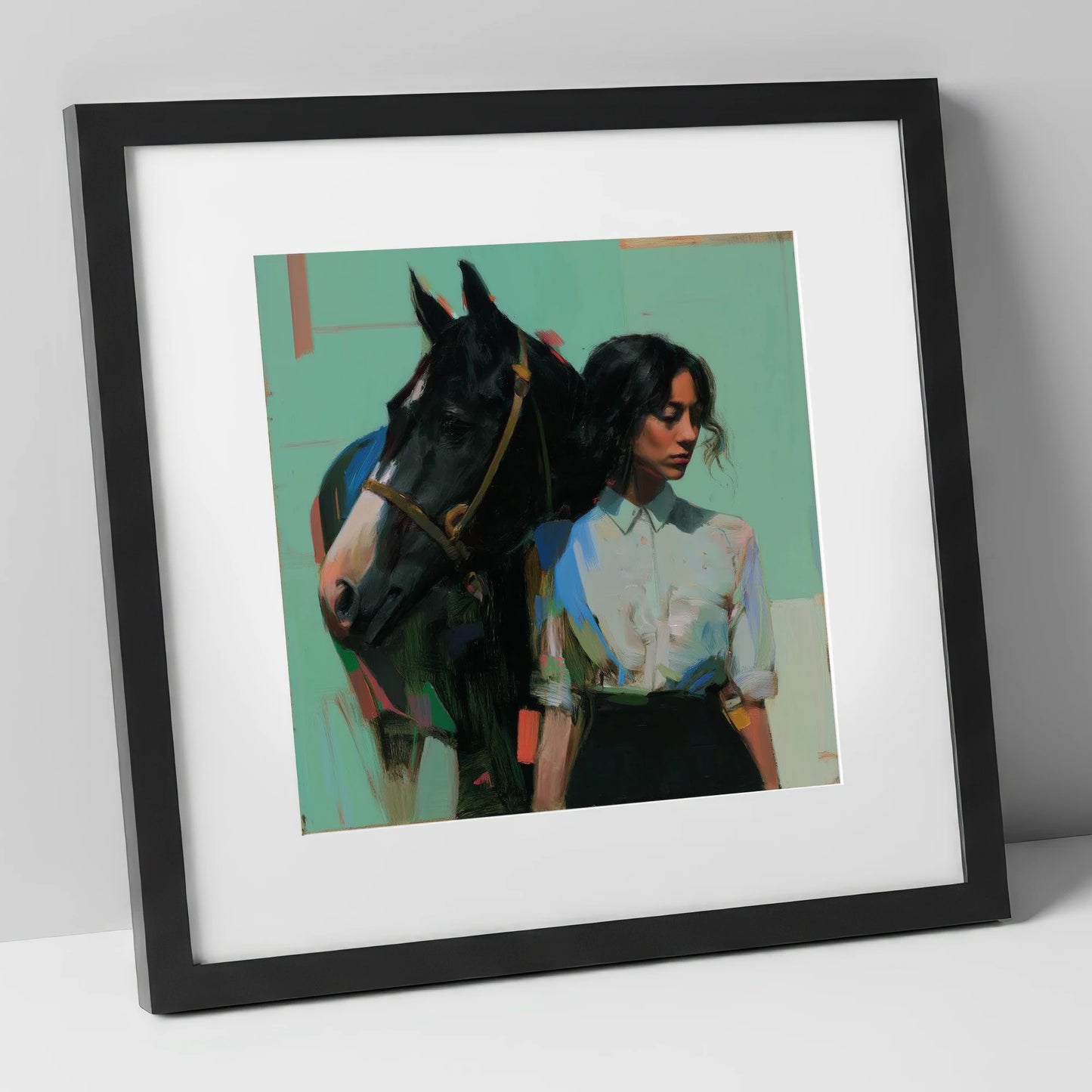 The Shared Silence horse & rider art print in black frame