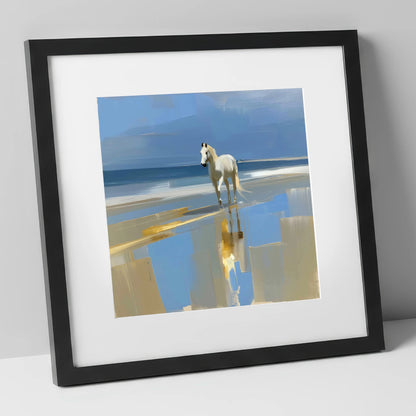 Coastal Reflection horse landscape art print in black frame