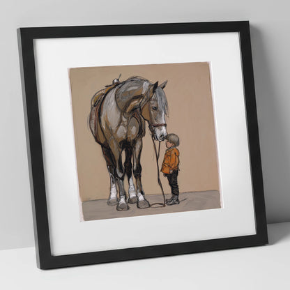 The Gentle Giant horse & rider art print in black frame
