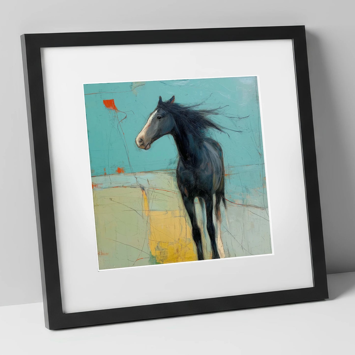 Abstract Windswept Equine horse portrait art print in black frame