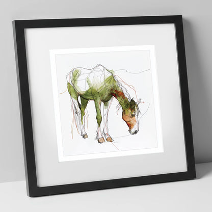 The Quiet Grazer working horse art print in black frame