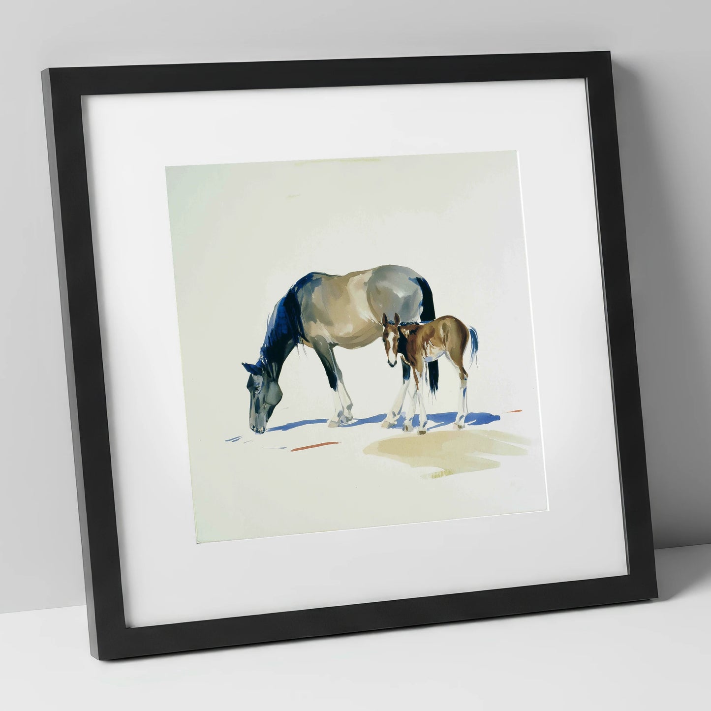 Spring Pasture Shadows mare & foal art print in black frame