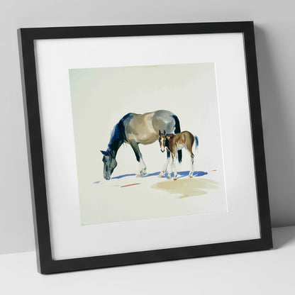 Spring Pasture Shadows mare & foal art print in black frame