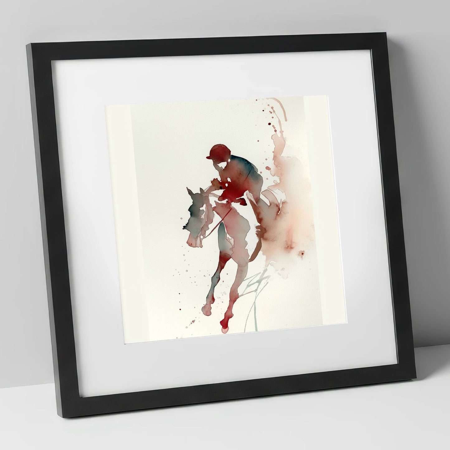 Crimson Gallop racing horse art print in black frame