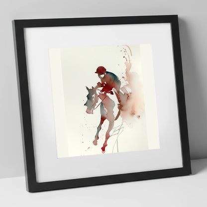 Crimson Gallop racing horse art print in black frame