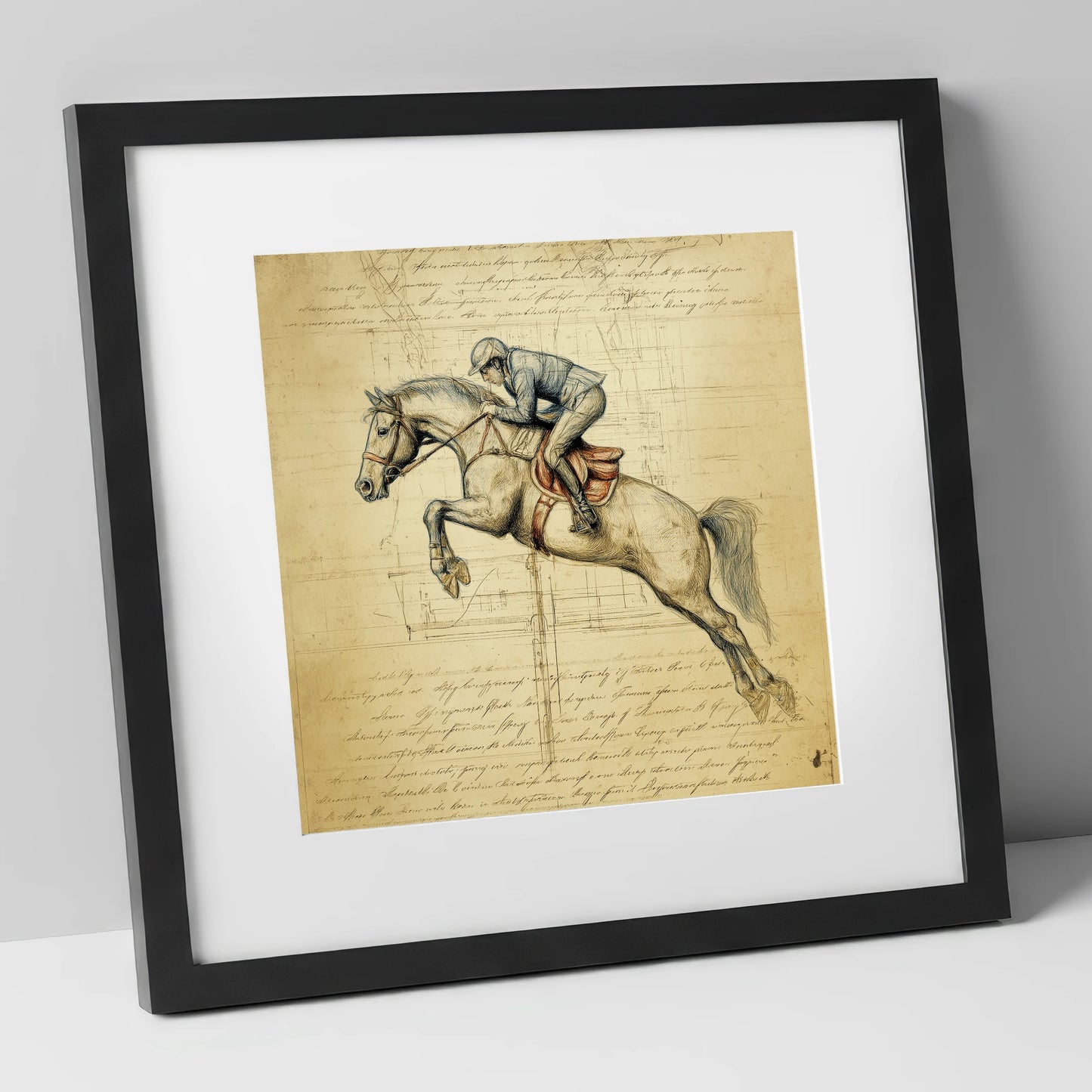 The Scholar's Jump show jumping horse art print in black frame