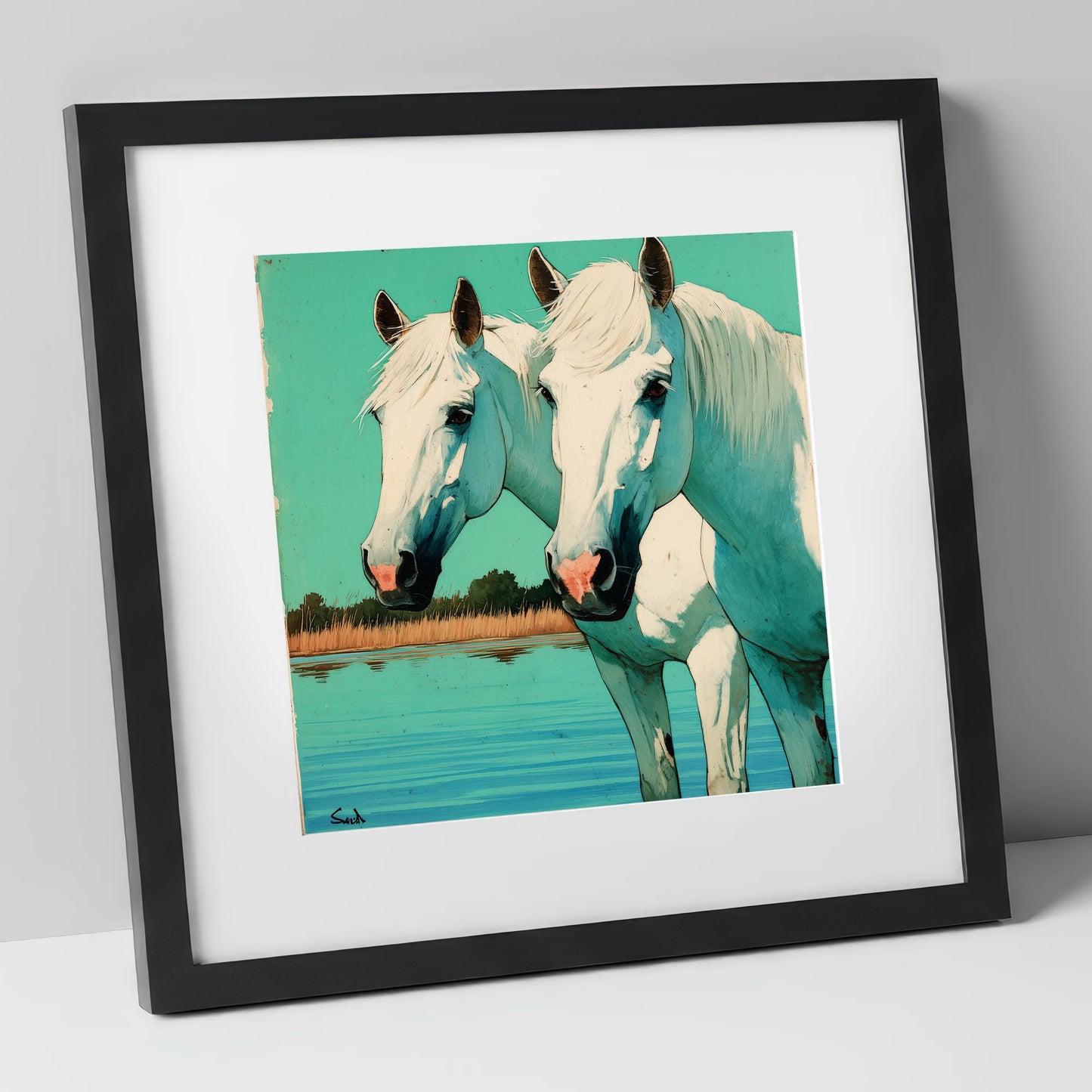 Companions in Teal Waters horse landscape art print in black frame