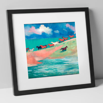 Spirited Coastal Herd wild horses art print in black frame