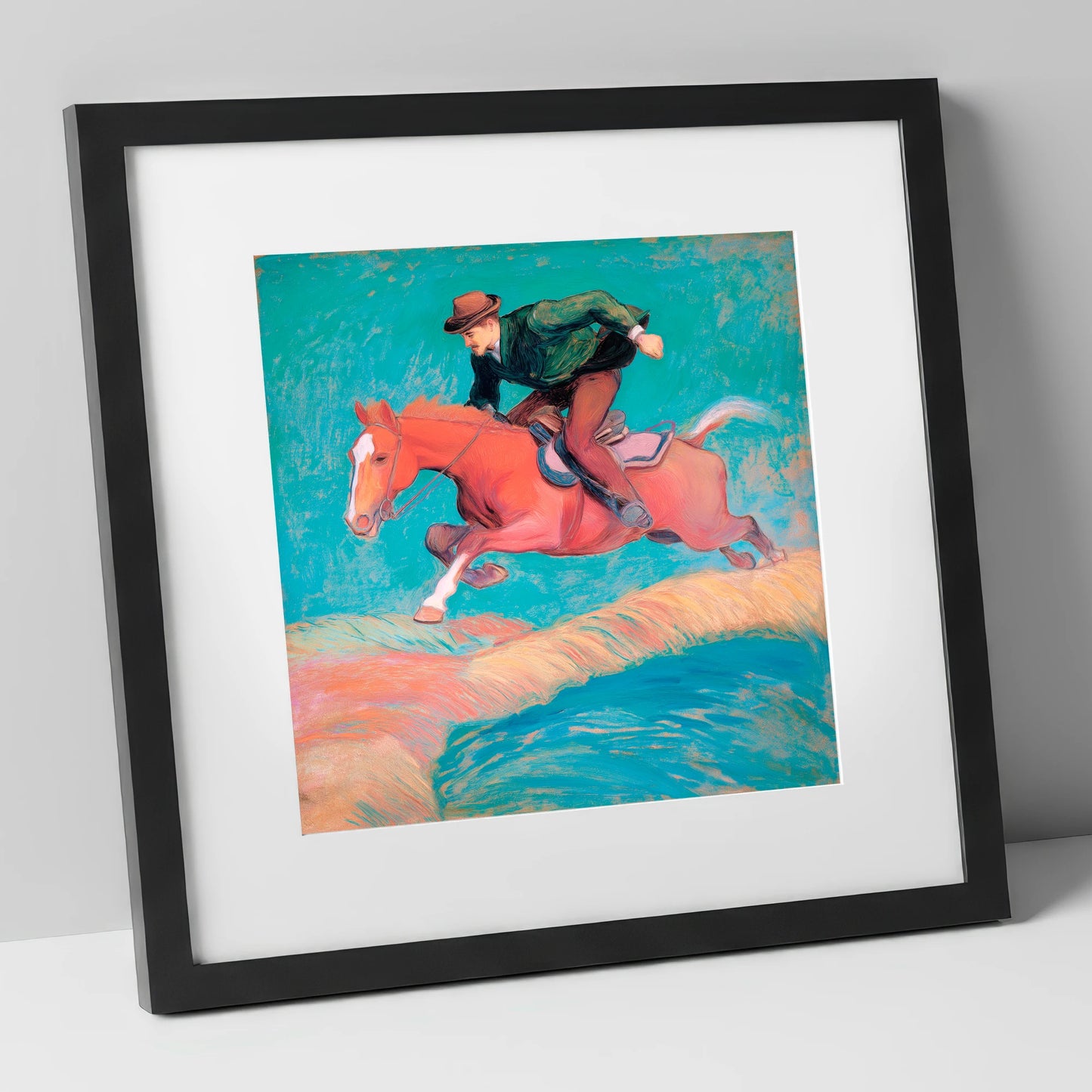 The Bold Leap show jumping horse art print in black frame