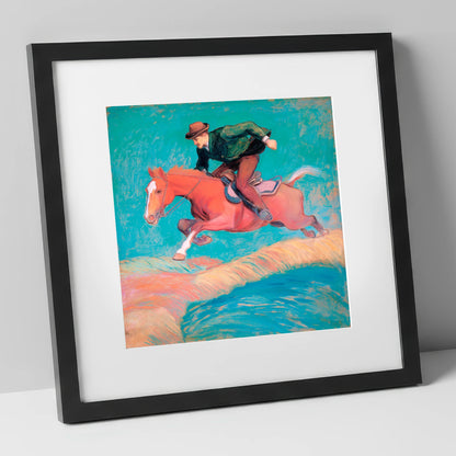 The Bold Leap show jumping horse art print in black frame