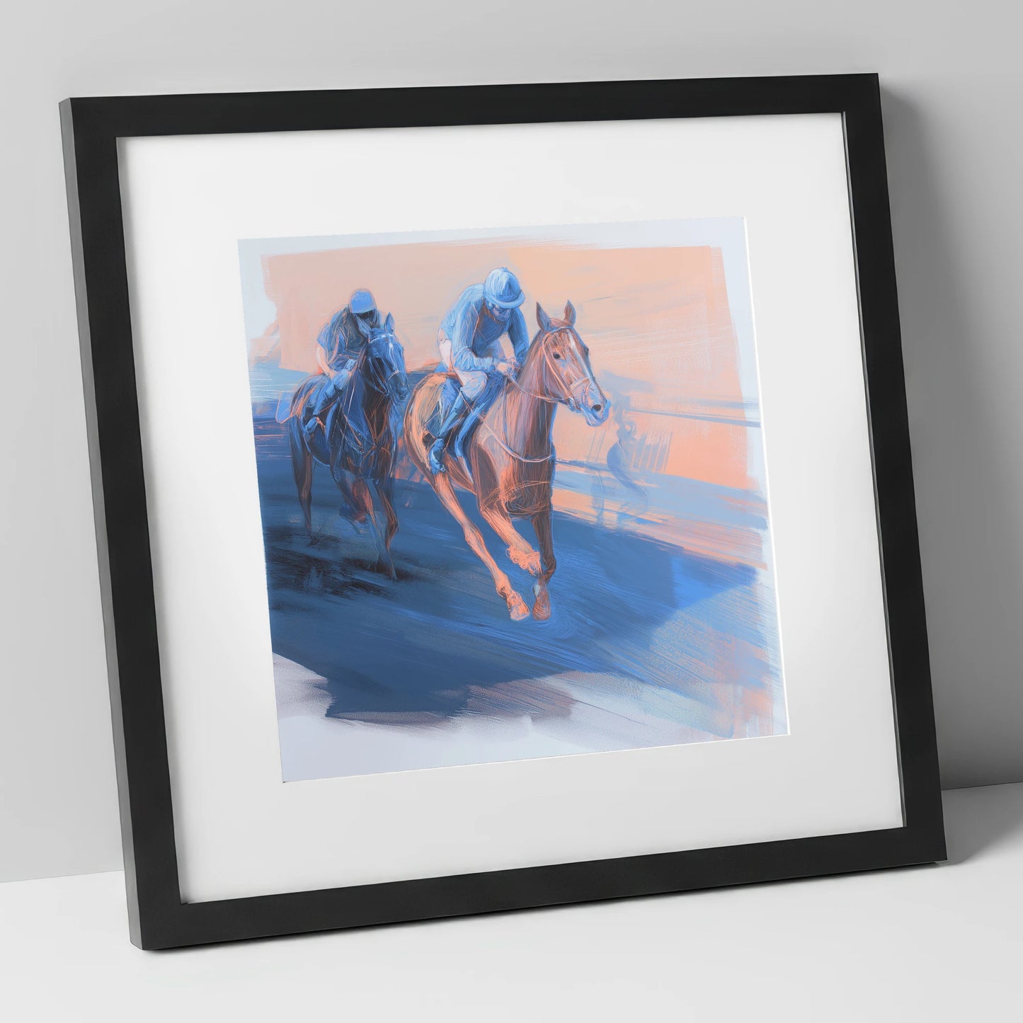 The Blue Furlong racing horse art print in black frame