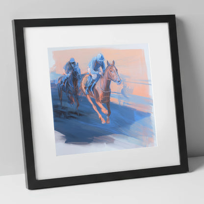 The Blue Furlong racing horse art print in black frame