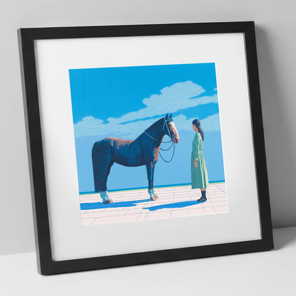 The Quiet Bond horse & rider art print in black frame