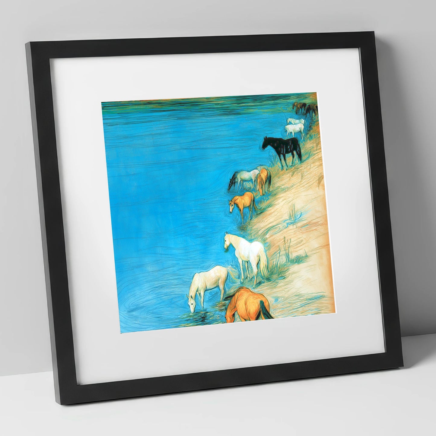 Cerulean River Herd wild horses art print in black frame