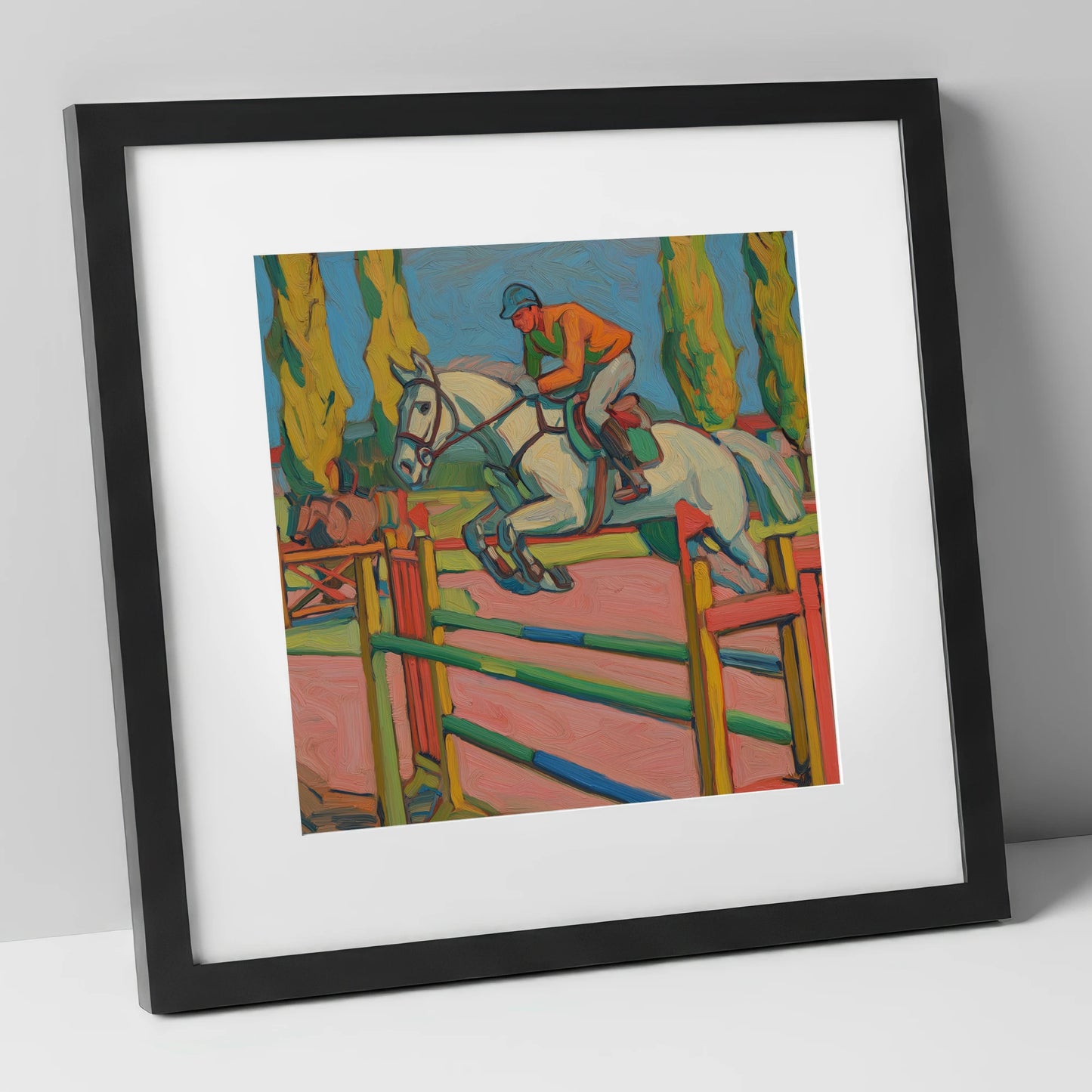 Vibrant Ascent show jumping horse art print in black frame
