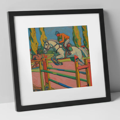 Vibrant Ascent show jumping horse art print in black frame