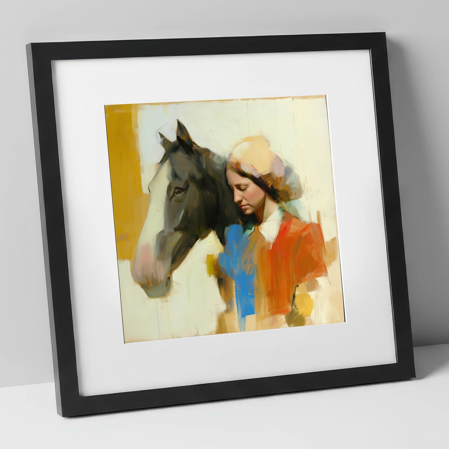 Unspoken Bond horse & rider art print in black frame