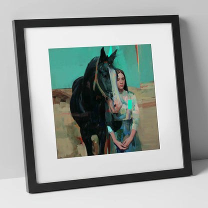 The Quiet Bond horse & rider art print in black frame