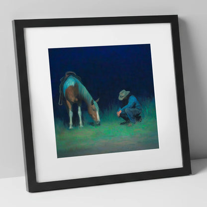 Under An Indigo Sky horse & rider art print in black frame