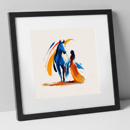 Azure and Amber Bond horse & rider art print in black frame